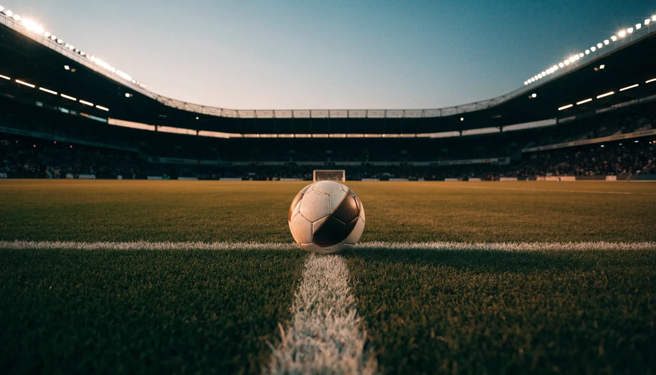 Ein Fußball liegt auf dem Anstoßpunkt eines leeren Rasenplatzes, im Hintergrund steht ein Stadion unter Flutlicht in der Dämmerung.