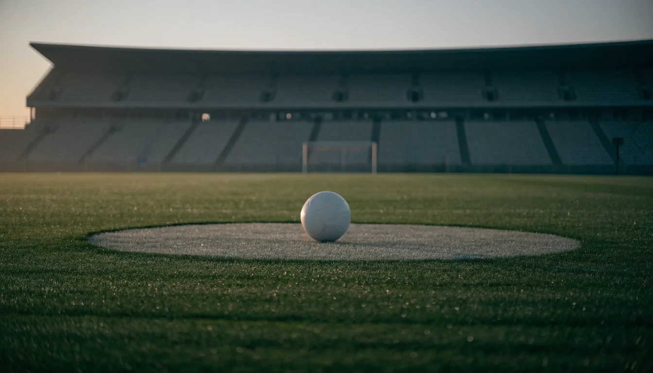 Ein Fußball liegt auf dem Anstoßpunkt eines leeren Rasenplatzes in der Morgendämmerung, im Hintergrund eine leere Tribüne.