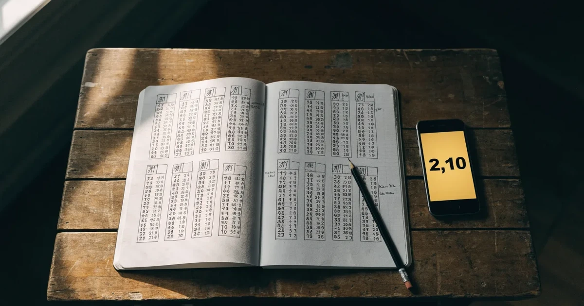 Ein Notizbuch mit handschriftlichen Spalten und Strichlisten liegt neben einem Taschenrechner und einem Bleistift auf einem Schreibtisch.