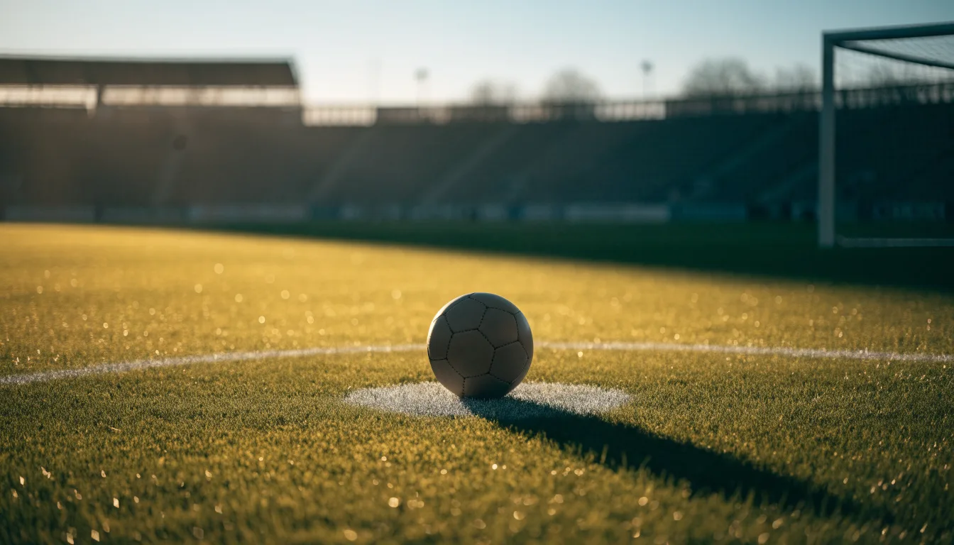 Ein Fußball liegt auf dem Anstoßkreis eines leeren Rasenplatzes im Licht der Morgensonne.