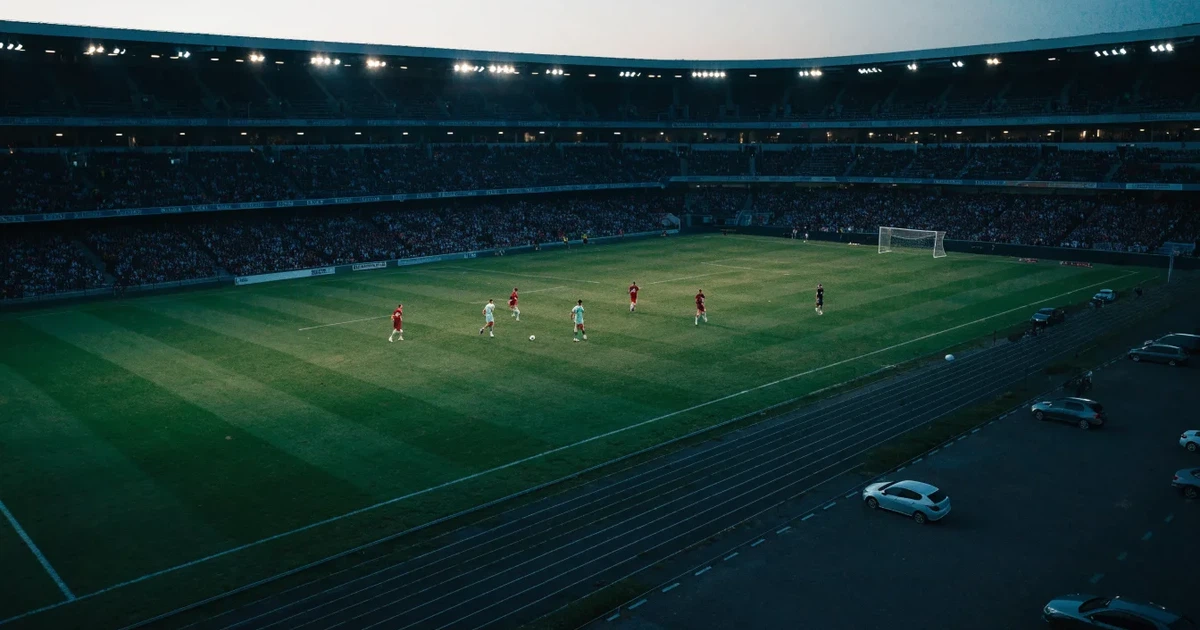 Ein Fußballstadion unter Flutlicht aus großer Entfernung, davor ein dunkler Parkplatz und ein heller Abendhimmel.