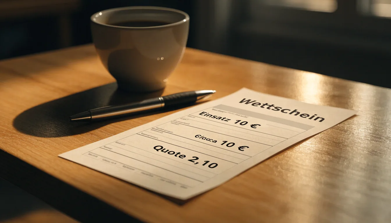 Ein leerer Wettschein aus Papier liegt neben einem Kugelschreiber und einer Tasse auf einem hellen Holztisch.