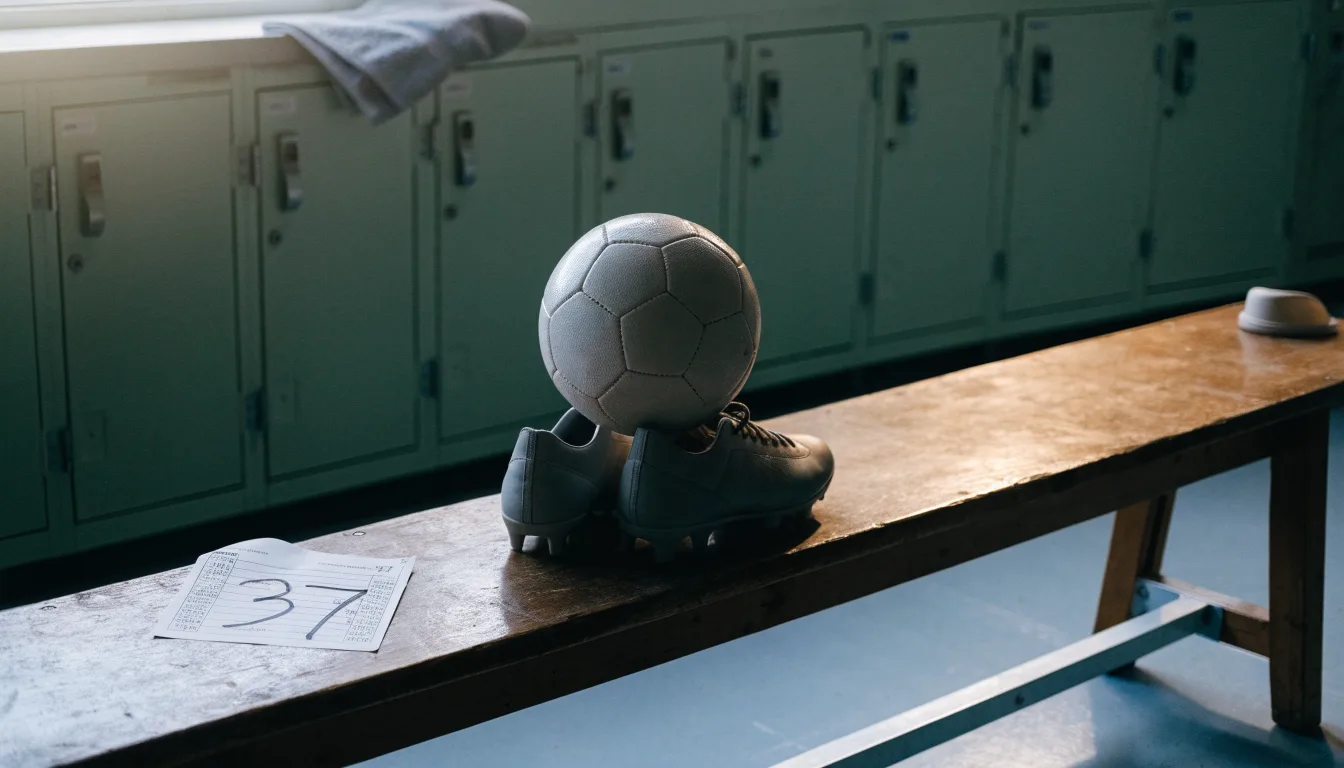 Ein Fußball liegt neben einem Paar Fußballschuhen ohne Markenzeichen auf einer Holzbank in einer leeren Umkleide.