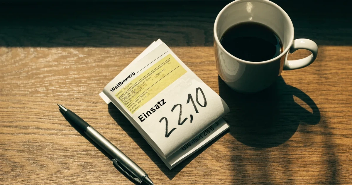 Ein leerer Wettschein aus Papier liegt neben einem Kugelschreiber und einer Tasse Kaffee auf einem Tisch, Aufnahme von oben.