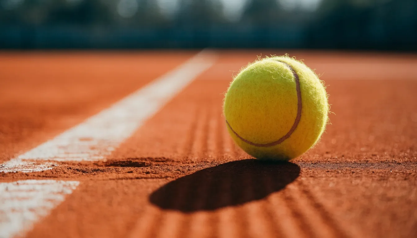 Ein einzelner Tennisball liegt auf rotem Sand neben einer weißen Linie, geringe Schärfentiefe.