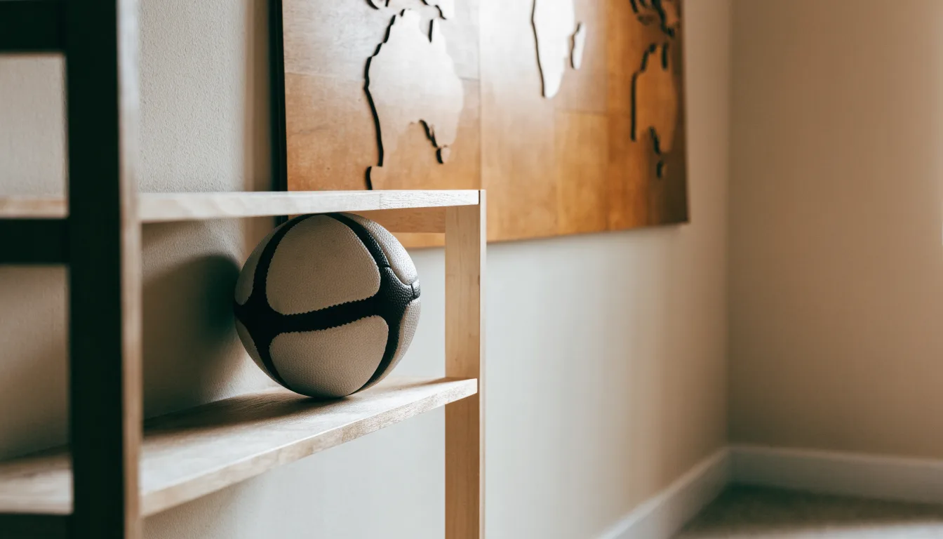 Eine Weltkarte aus Holz hängt an einer Wand, davor liegt ein Fußball auf einem Regal, ohne erkennbare Beschriftung.