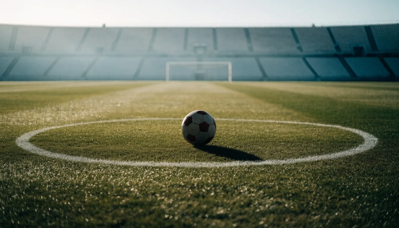 Ein Fußball liegt auf dem Anstoßpunkt eines leeren Rasenplatzes im frühen Morgenlicht, dahinter eine leere Tribüne.