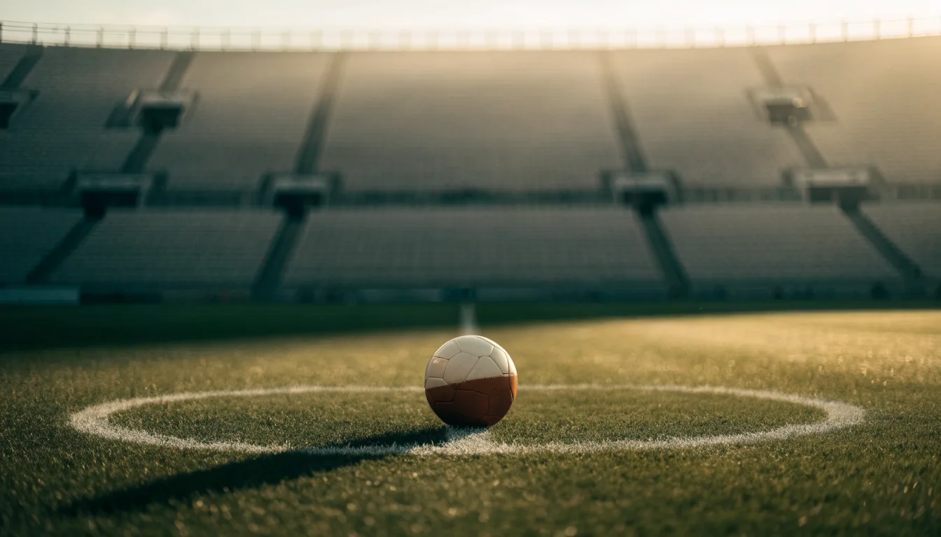 Ein Fußball liegt auf dem Anstoßpunkt eines leeren Rasenplatzes im frühen Morgenlicht, dahinter eine leere Tribüne.