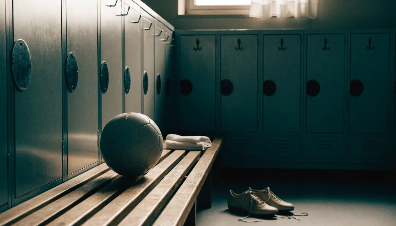 Ein Fußball liegt auf einer Holzbank in einer leeren Umkleide neben einem Paar Fußballschuhen ohne Markenzeichen.