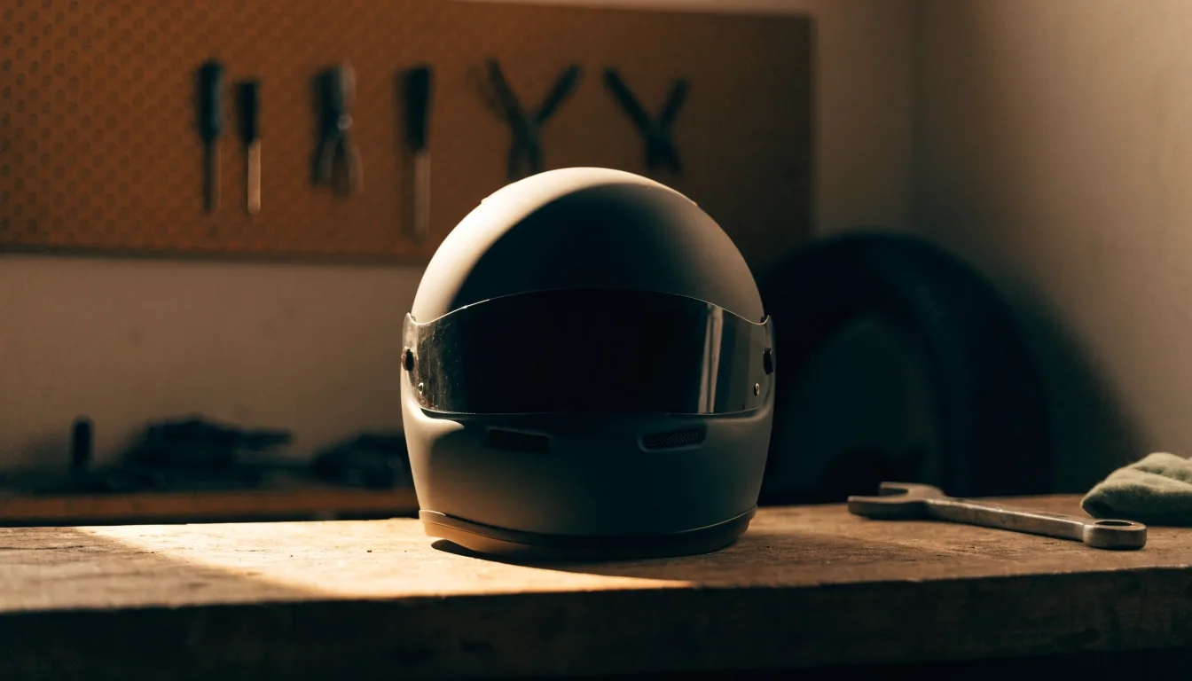 Ein schwarzer Motorradhelm ohne Aufdruck liegt auf einer Werkbank neben einem Schraubenschlüssel, warmes Licht einer Werkstatt.