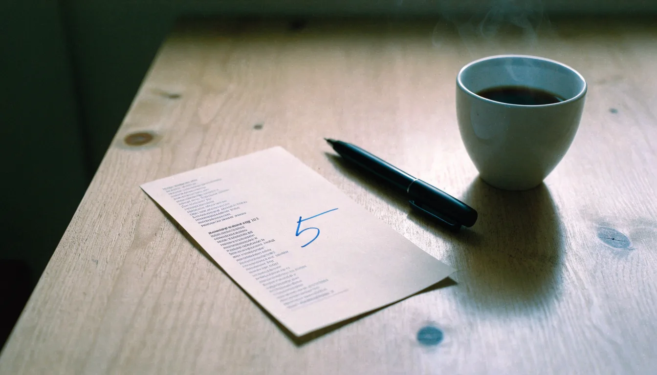 Ein leerer Wettschein aus Papier liegt neben einem Kugelschreiber und einer Tasse Kaffee auf einem Holztisch, Aufnahme von oben.