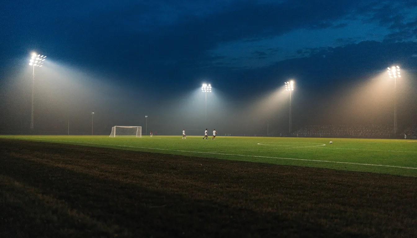 Ein großes Stadion unter Flutlicht, aus der Ferne über eine dunkle Wiese gesehen, die Lichtmasten spiegeln sich im Dunst der Abenddämmerung.
