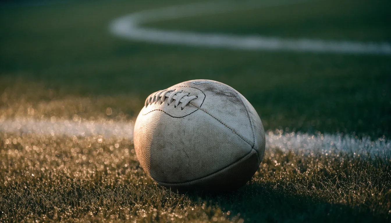 Ein ovaler Lederball mit heller Schnürung liegt auf dem Rasen vor der Endzone, Tau auf dem Gras im ersten Morgenlicht.
