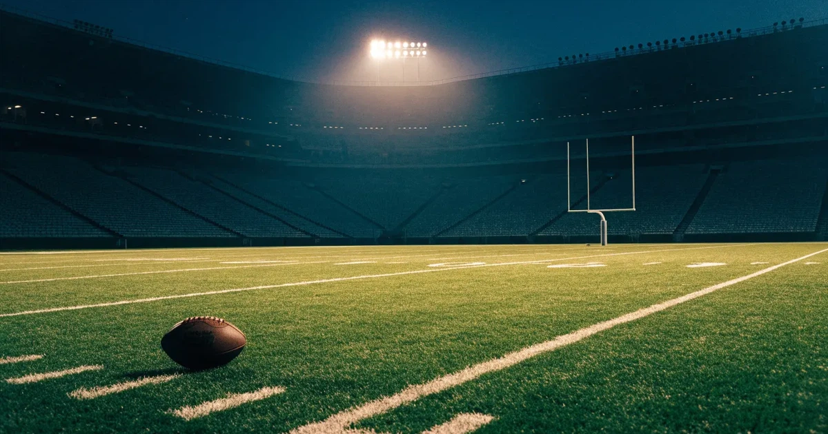 Ein American-Football-Feld mit weißen Yardlinien im Flutlicht, von einer hohen Tribüne aus gesehen, die Ränge leer, Zahlen nicht erkennbar.