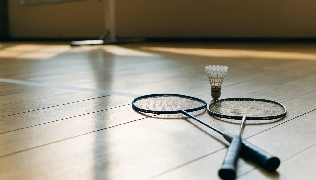 Zwei Badmintonschläger und ein Federball liegen auf einem Holzboden neben der Seitenlinie, weiches Licht fällt von der Seite ein.