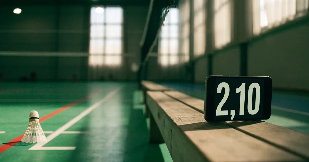 Eine leere Badmintonhalle mit gespanntem Netz und hellen Hallenlichtern, ein Federball liegt auf dem Hallenboden.
