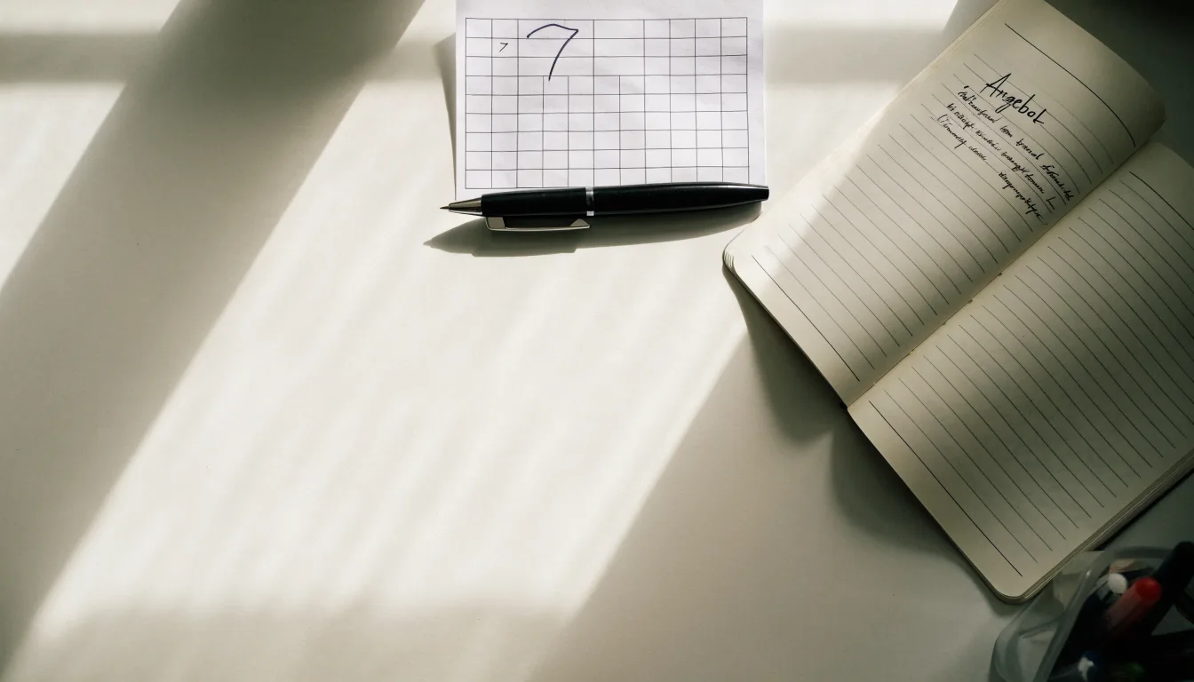 Ein leerer Papierwettschein und ein Kugelschreiber auf einer glatten Schreibtischplatte, daneben ein aufgeschlagenes Notizbuch mit handschriftlichen Notizen.
