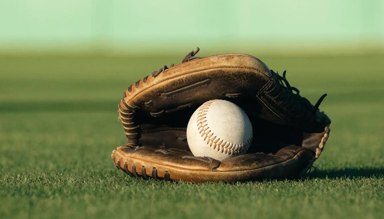 Ein weißer Baseball und ein Lederhandschuh liegen auf kurz geschnittenem Gras, im Hintergrund eine verschwommene Spielfeldbande.