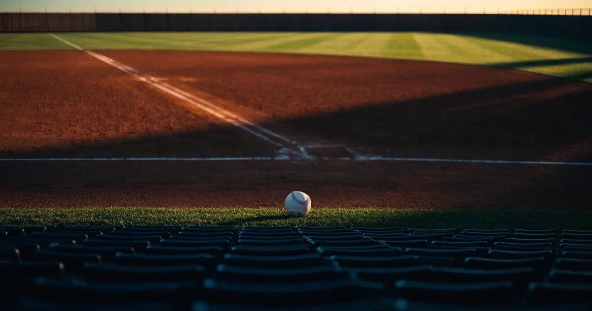 Ein Baseballfeld mit dem hellbraunen Infield und gepflegtem Rasen, von der Tribüne aus gesehen, die Ränge leer, tiefe Abendsonne.