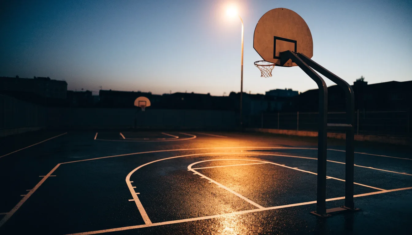 Ein Freiluft-Basketballplatz am Abend mit Asphalt, Linien und zwei Körben unter einer Straßenlaterne.