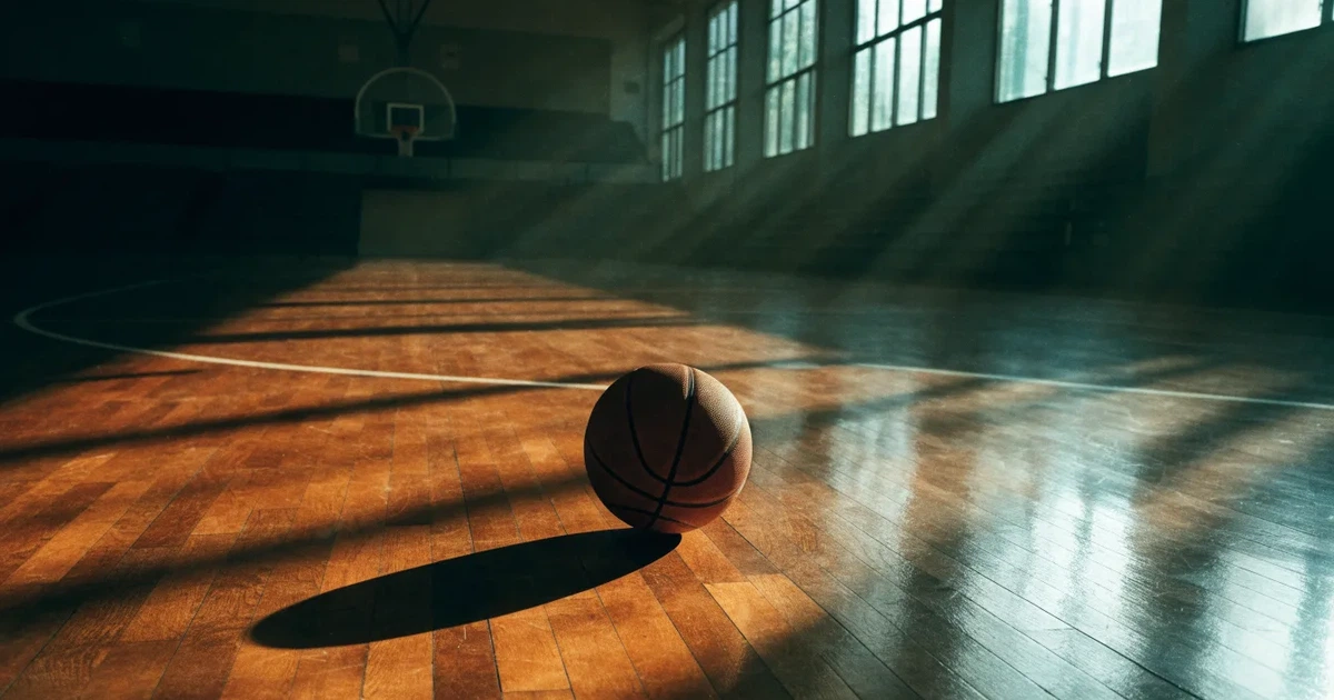 Ein Basketball liegt unter dem Korb auf dem Parkett einer leeren Sporthalle, Licht fällt durch hohe Fenster.