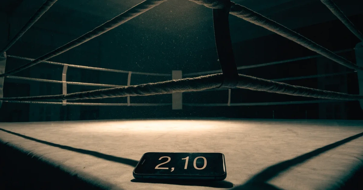 Ein Boxring mit gespannten Seilen in einer leeren Halle, ein einzelner Scheinwerfer leuchtet von oben auf die Ringmatte.