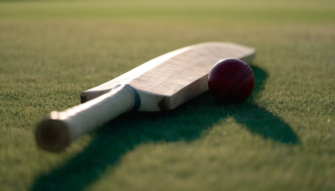 Ein Cricketschläger aus hellem Holz und ein roter Lederball liegen auf kurzem Rasen, weiches Abendlicht.