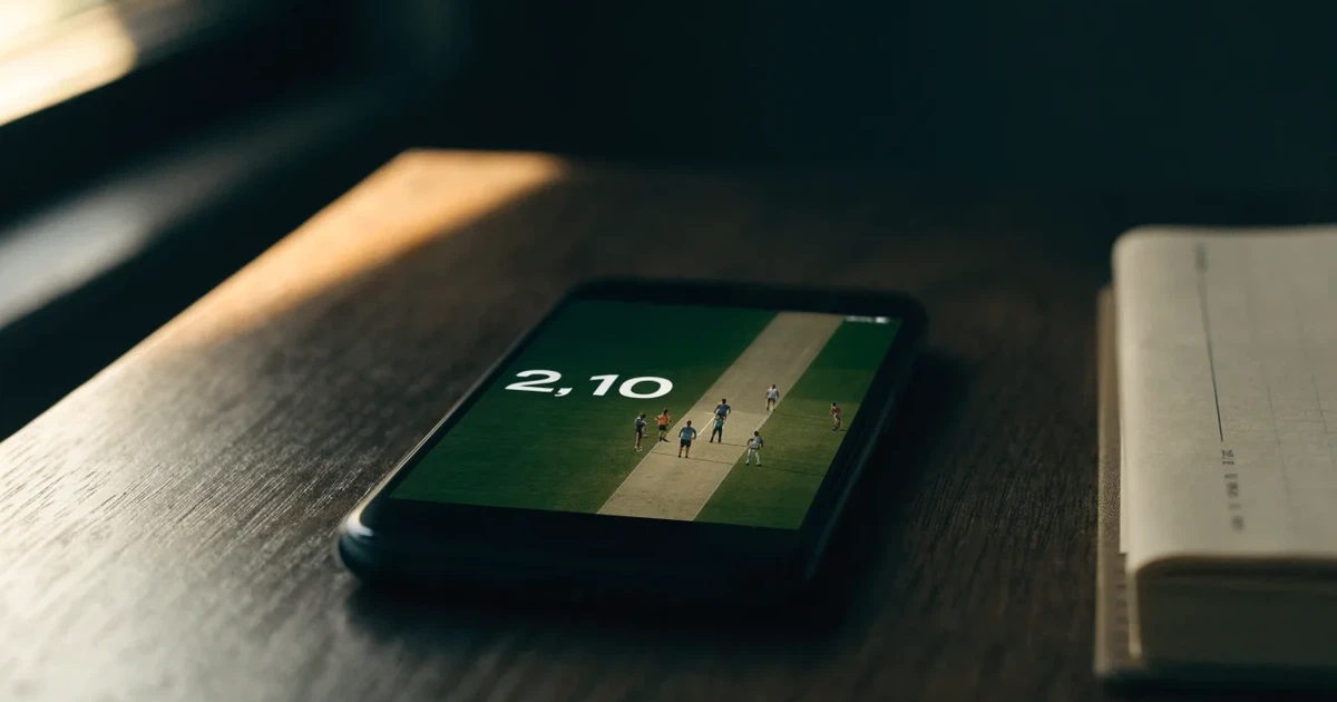 Ein weites grünes Cricketfeld mit einem hellen Streifen in der Mitte, tief stehende Sonne, im Hintergrund eine leere Tribüne.