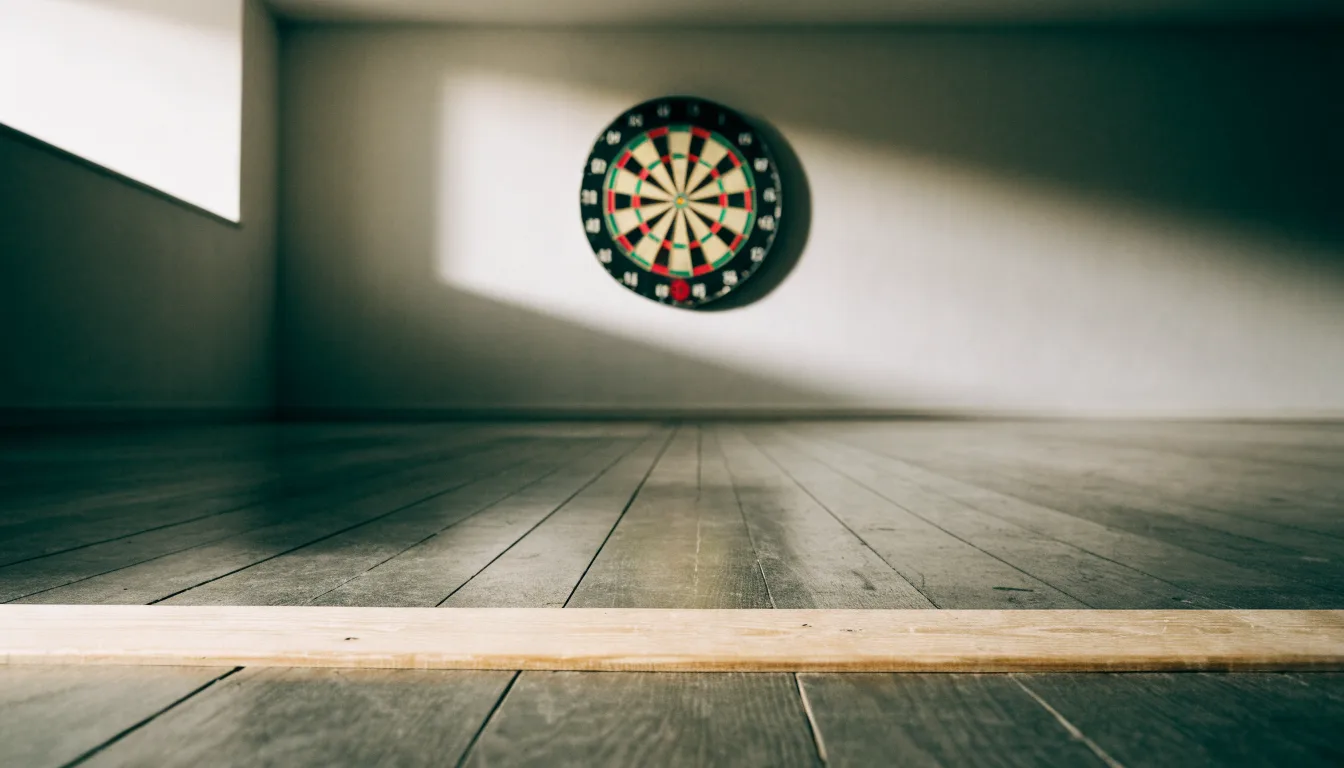 Eine Wurflinie aus Holz auf dem Hallenboden, im Hintergrund in der Ferne eine Dartscheibe an der Wand.