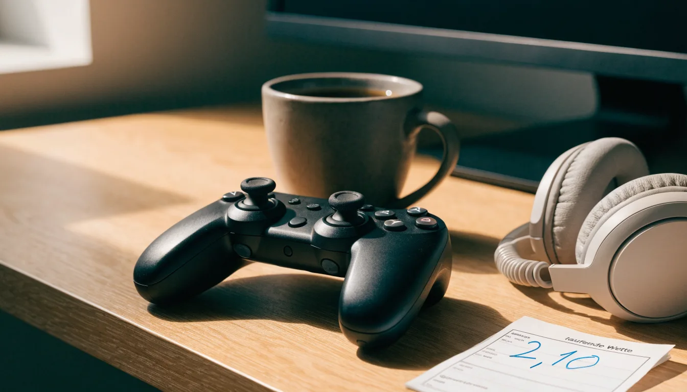 Ein Gamepad und ein Headset liegen auf einem Schreibtisch neben einer Tasse, der Bildschirm im Hintergrund ist ausgeschaltet.