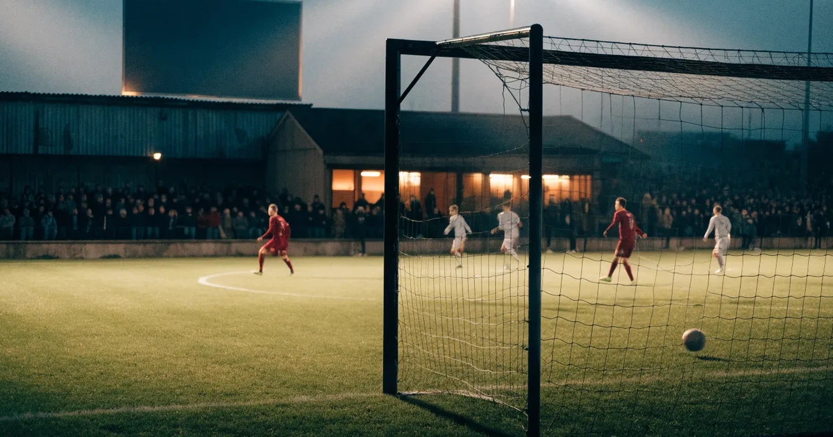 Ein Fußballstadion bei Flutlicht aus der Ferne gesehen, davor eine Straße und leuchtende Fenster eines Nebengebäudes.