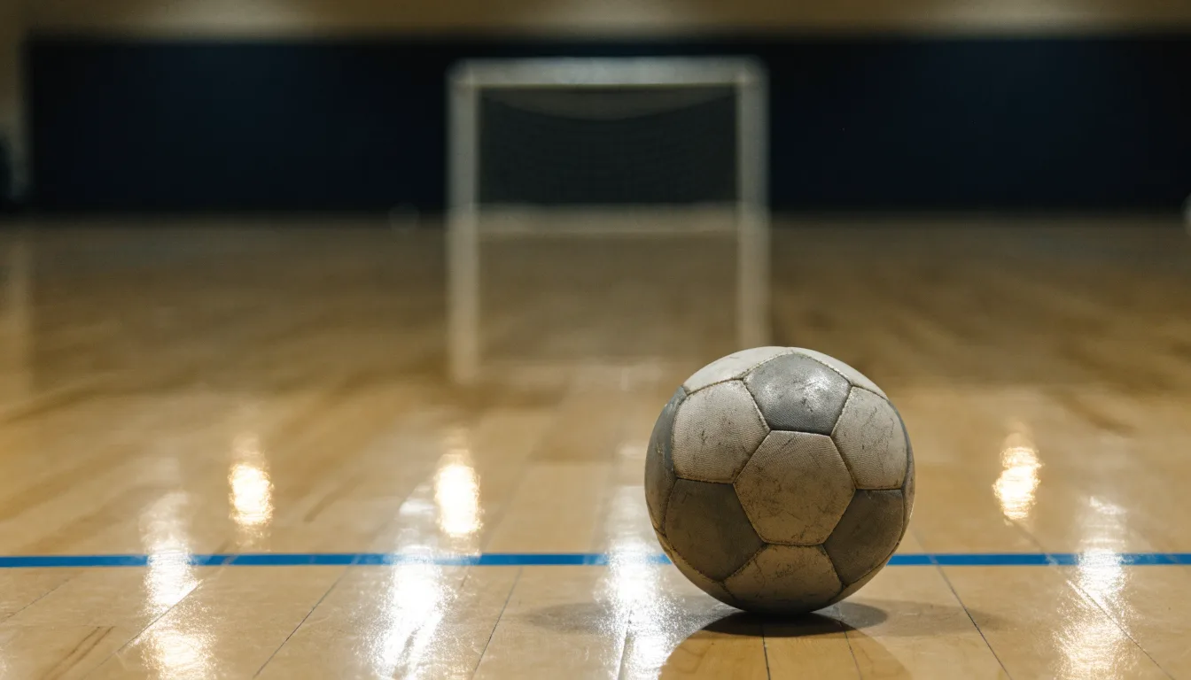 Ein kleiner schwerer Ball liegt in einer Halle auf dem Parkett vor einem Tor, warmes Licht aus den Deckenstrahlern.