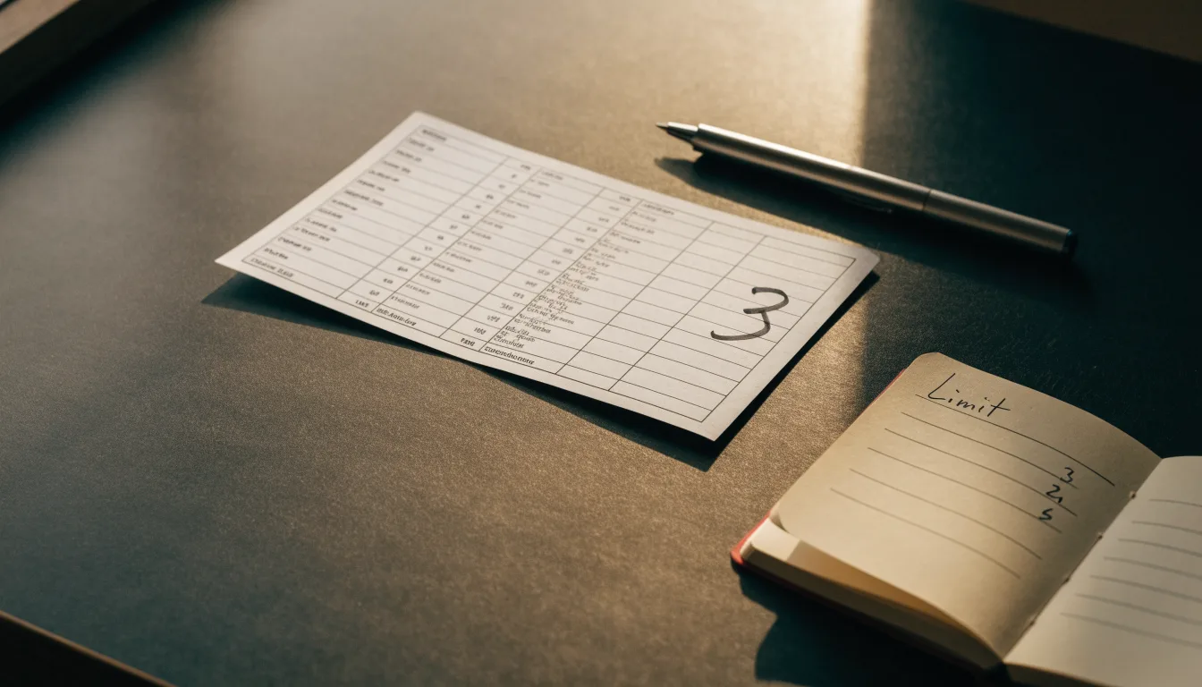 Ein leerer Papierwettschein und ein Kugelschreiber liegen auf einer glatten Schreibtischplatte neben einem Notizbuch.