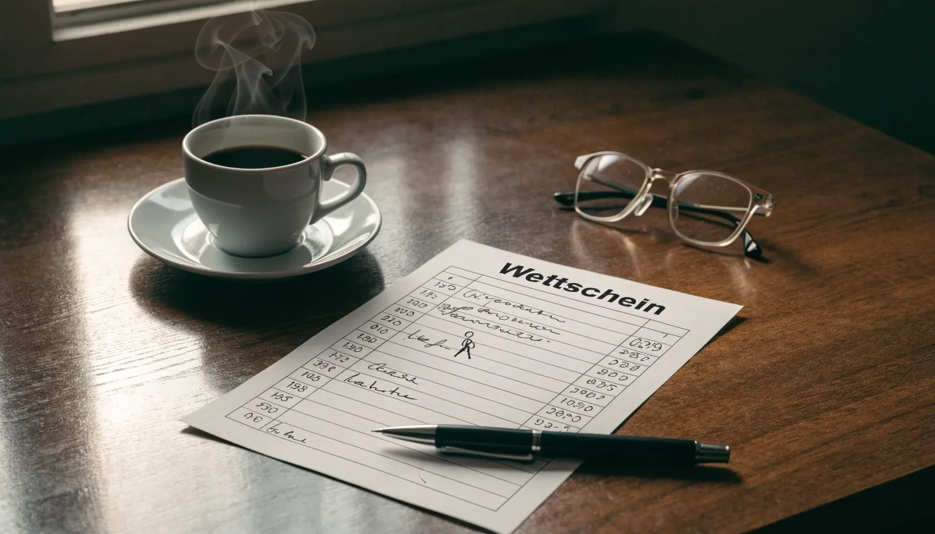 Ein leerer Wettschein aus Papier und ein Kugelschreiber liegen auf einem Schreibtisch neben einer Tasse Kaffee im Tageslicht.