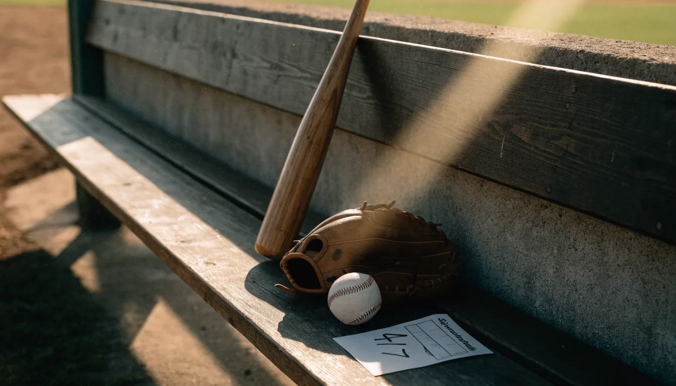 Ein Baseballschläger lehnt an einer Bank im Dugout, daneben liegen ein Handschuh und ein Ball im Licht der Nachmittagssonne.