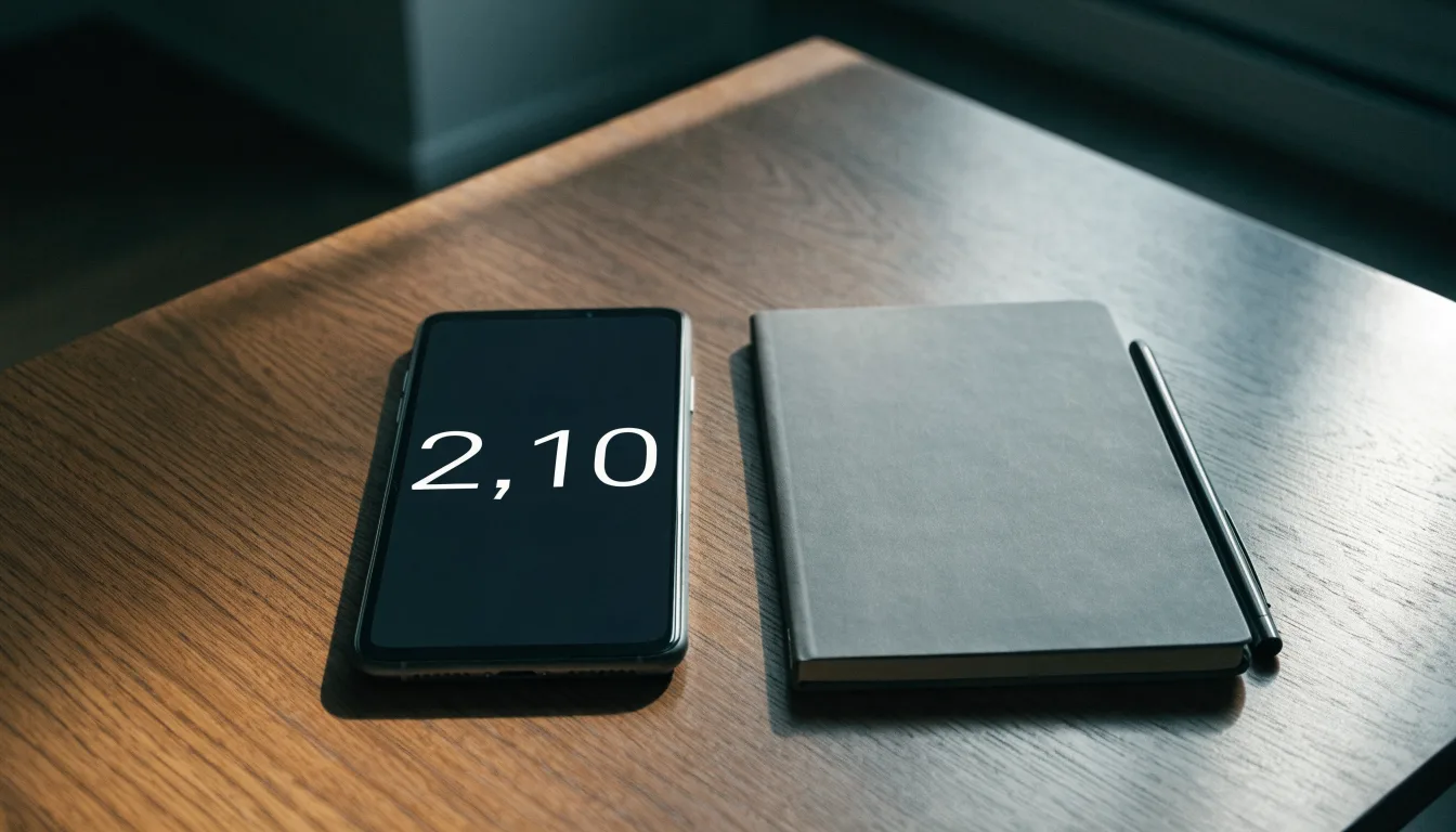 Ein Smartphone mit dunklem Display liegt neben einem Notizbuch und einem Kugelschreiber auf einem Tisch.