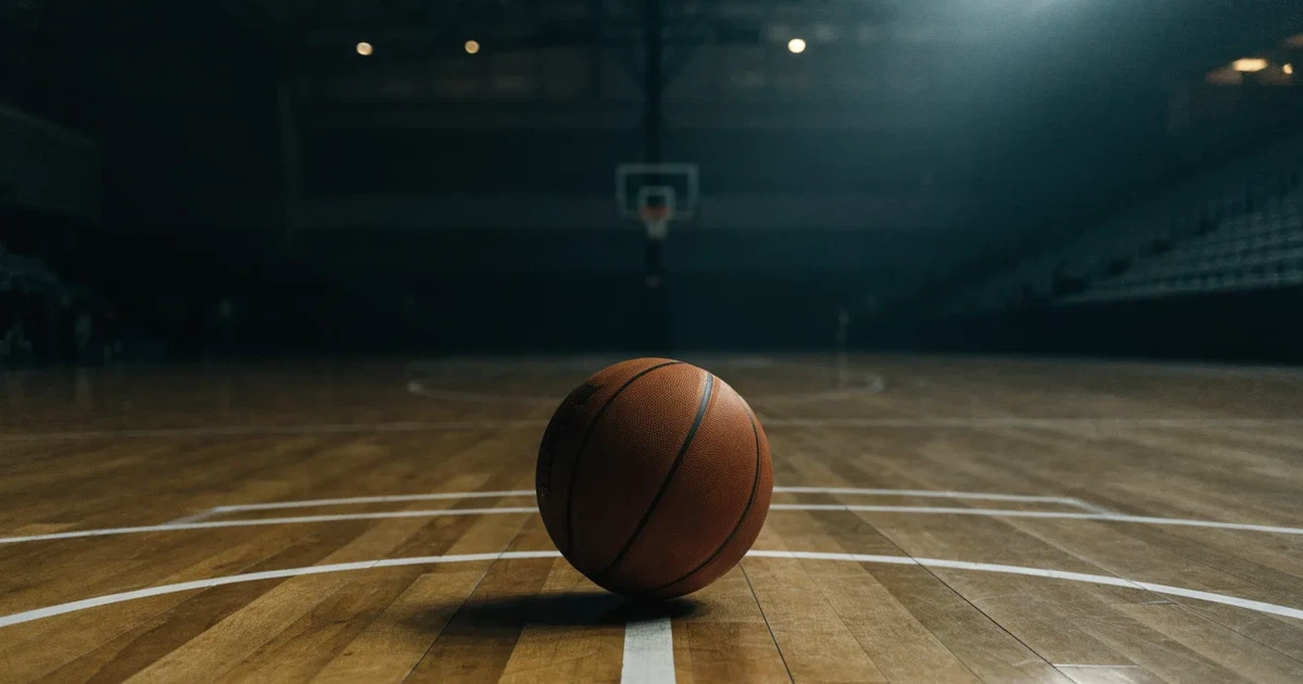 Ein Basketball liegt auf dem Parkettboden einer leeren Arena, Scheinwerfer werfen Licht auf die Mittellinie.