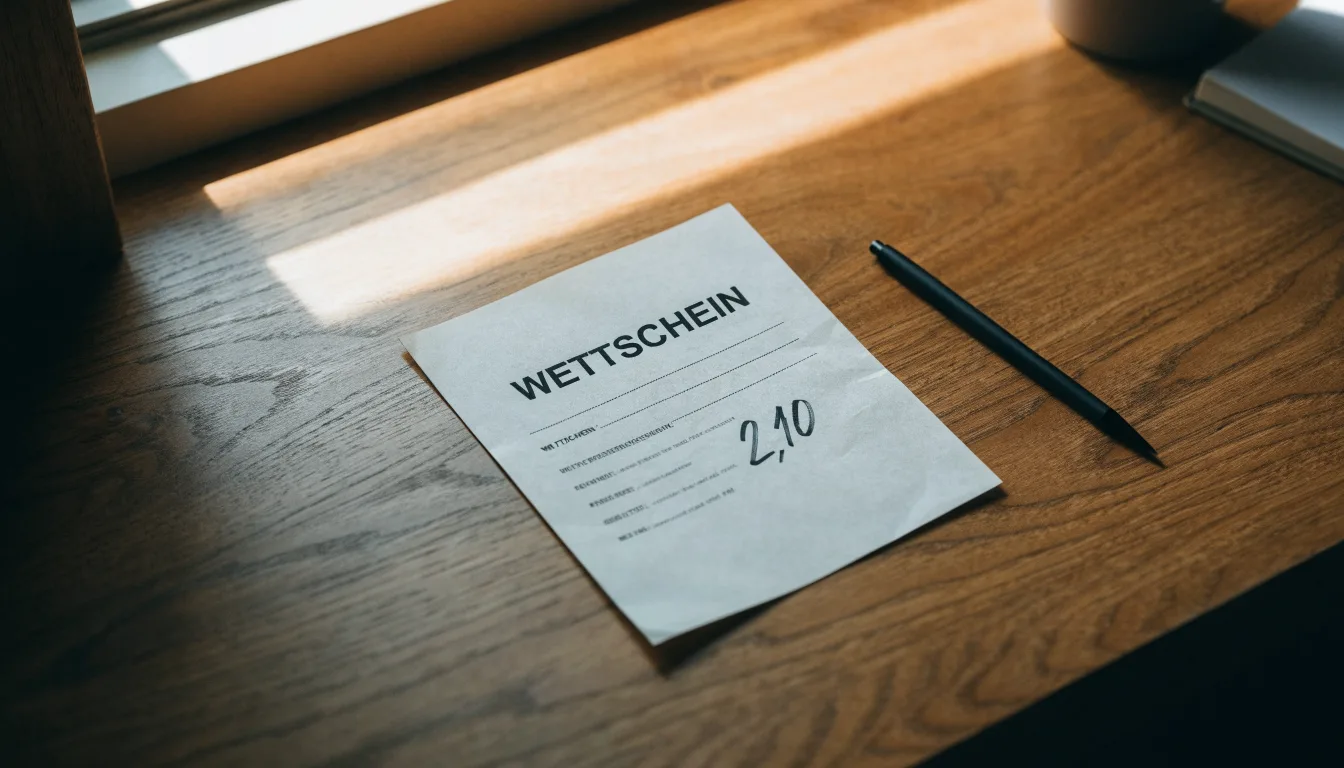 Ein leerer Wettschein aus Papier liegt neben einem Kugelschreiber auf einem Schreibtisch im Tageslicht.