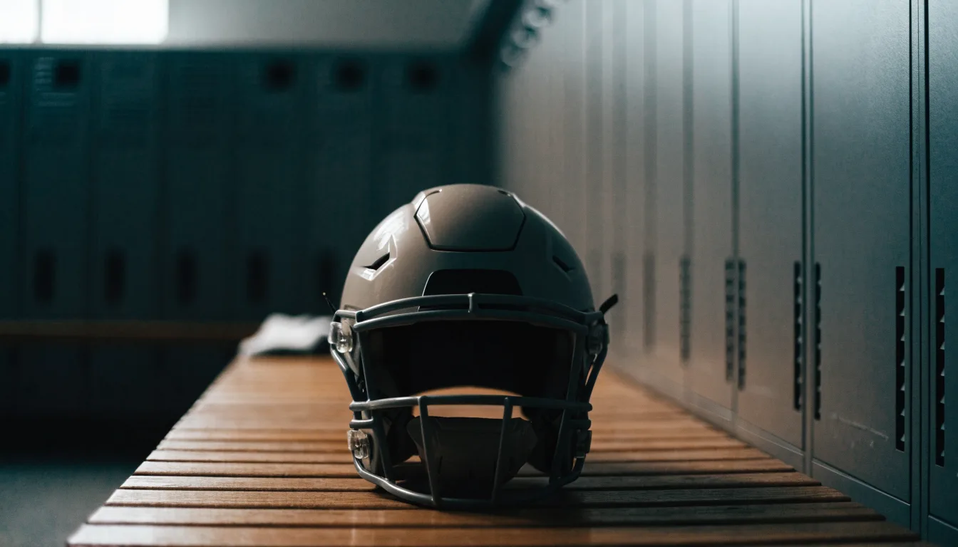 Ein neutraler Footballhelm ohne Aufdruck steht auf einer Holzbank in einer Umkleidekabine.