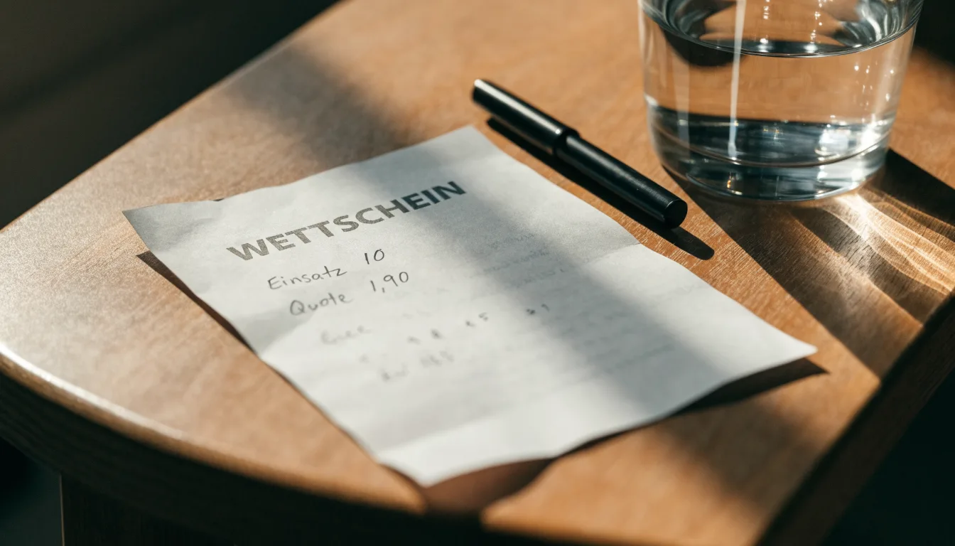 Ein leerer Wettschein aus Papier liegt neben einem Stift auf einem Tisch, daneben ein Glas Wasser.