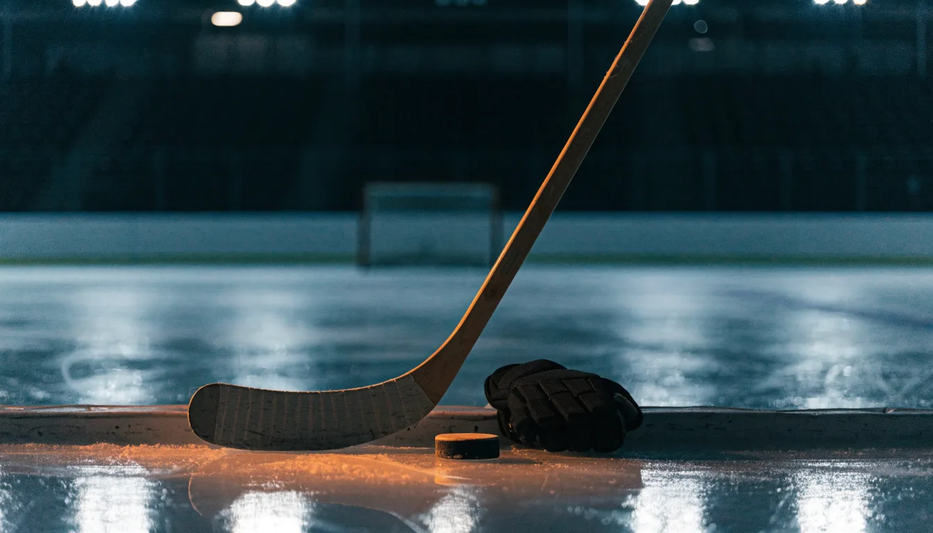 Ein Eishockeyschläger lehnt an einer Bande, daneben liegen ein Puck und ein Paar Handschuhe in einer Eishalle.