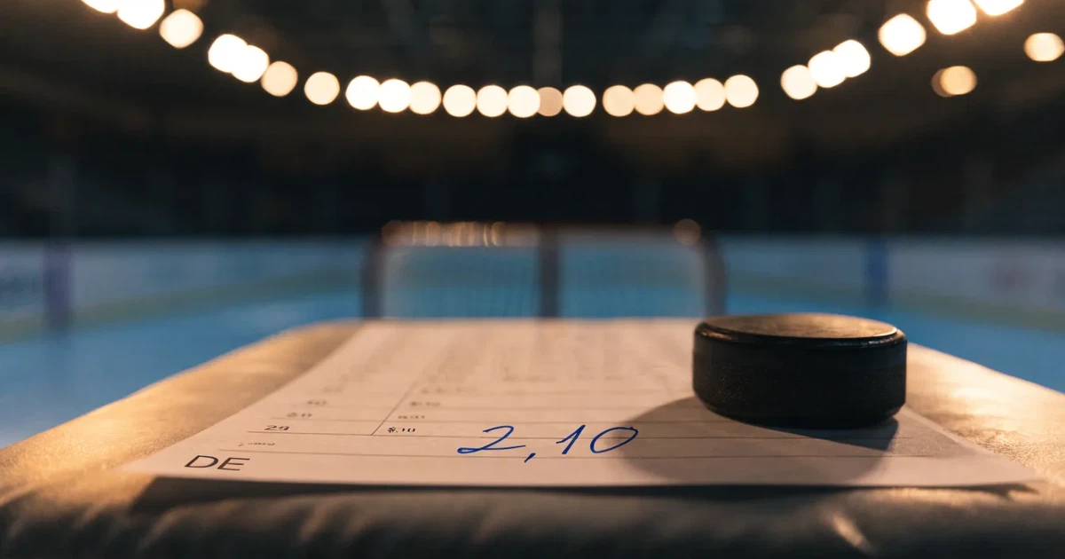 Eine leere Eisfläche in einer Halle mit Banden und Flutlicht, auf dem Eis liegt ein einzelner Puck.