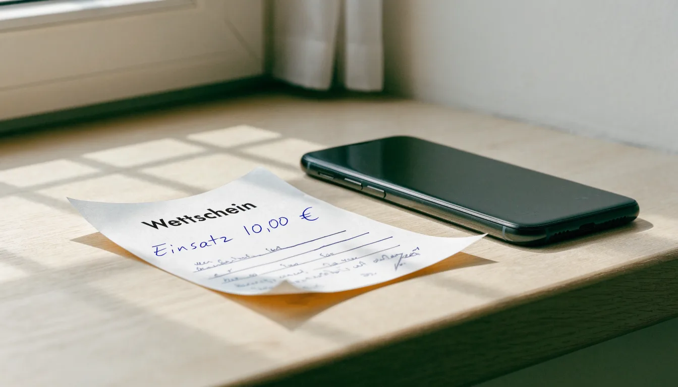 Ein leerer Wettschein aus Papier und ein Smartphone mit dunklem Display liegen auf einer Fensterbank im Tageslicht.