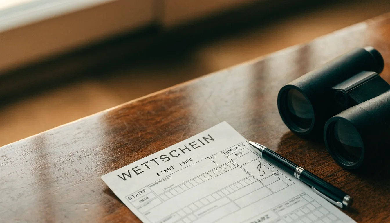 Ein leerer Wettschein aus Papier und ein Kugelschreiber liegen auf einem Holztisch neben einem Fernglas.