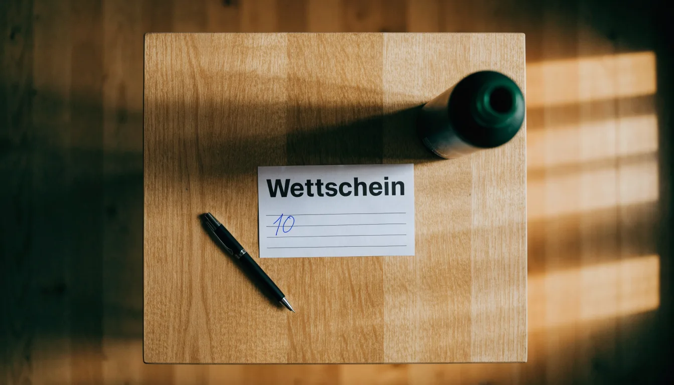 Ein leerer Wettschein aus Papier liegt neben einer Trinkflasche und einem Stift auf einem Tisch.