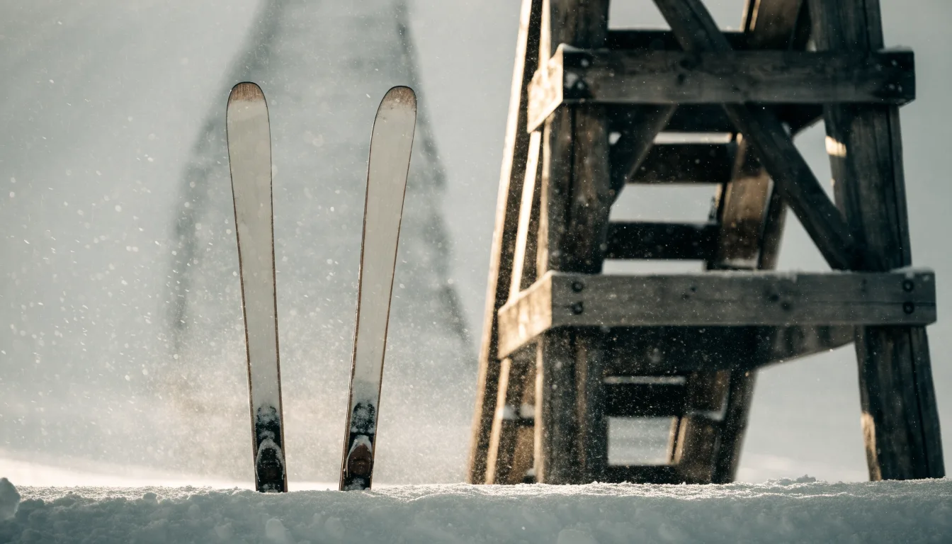 Ein Paar Skier steckt aufrecht im Schnee neben einem Anlaufturm, im Hintergrund wirbelt feiner Schnee im Wind.