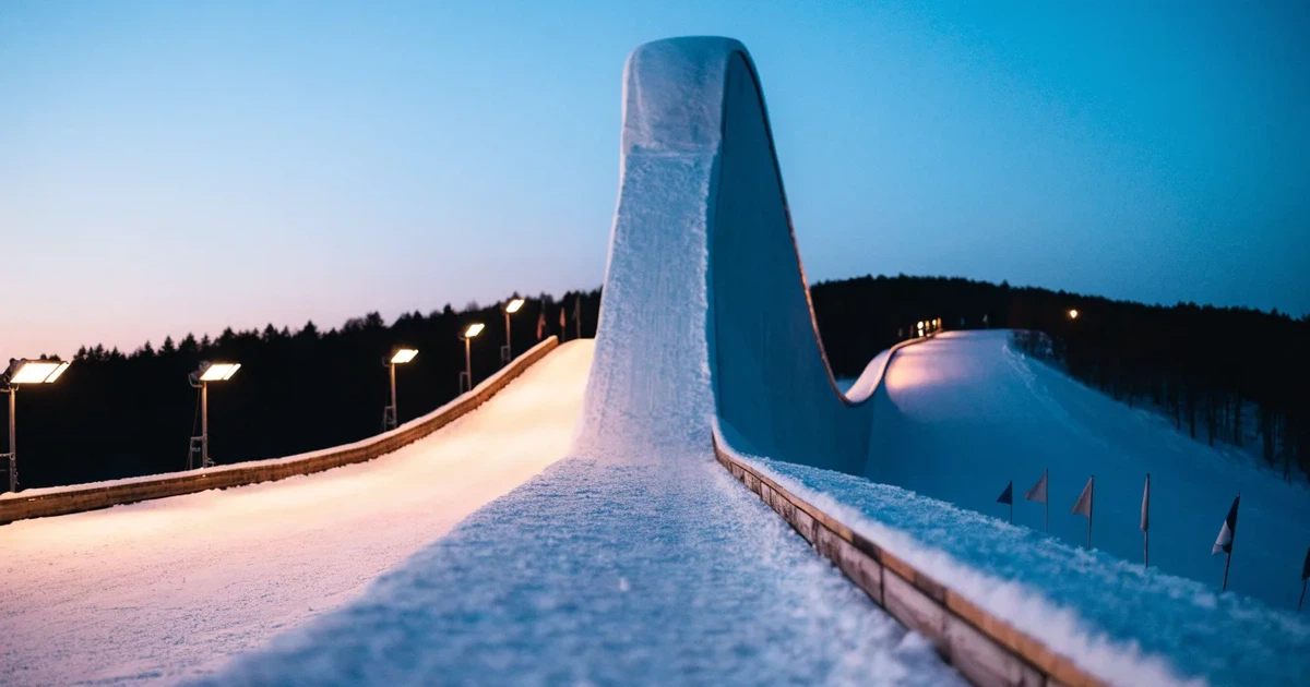 Eine Skisprungschanze im Schnee, von unten gesehen, vor einem klaren Winterhimmel in der Dämmerung, ohne Menschen.
