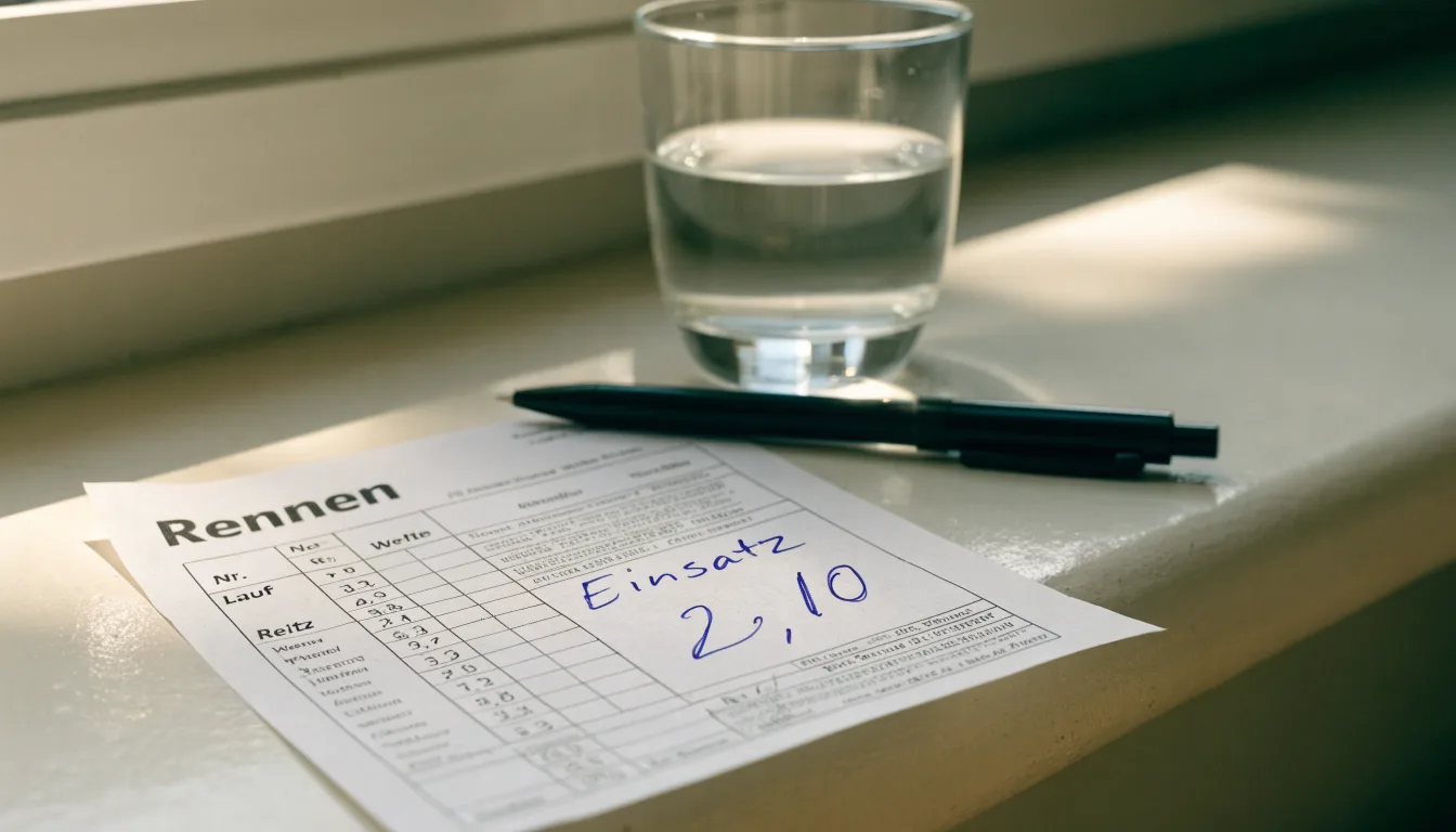 Ein leerer Wettschein aus Papier und ein Kugelschreiber liegen neben einem Glas Wasser auf einer Fensterbank.