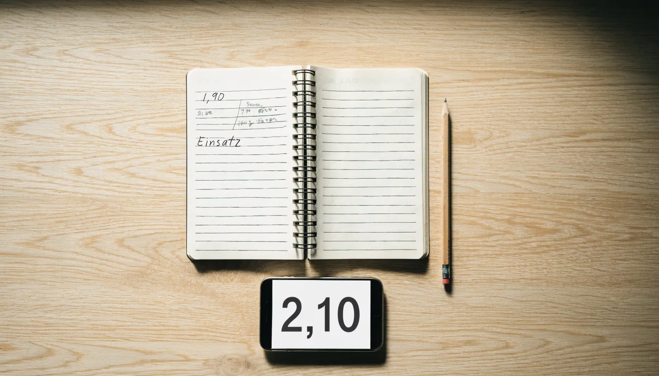 Ein aufgeschlagenes Notizbuch mit handschriftlichen Rechnungen liegt neben Stift und Smartphone auf einem Holztisch im Tageslicht.