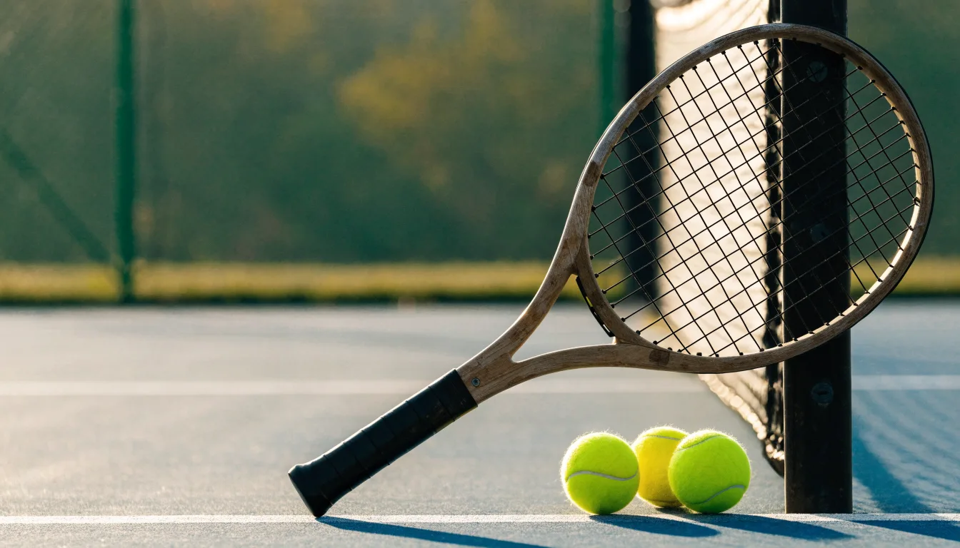 Ein Tennisschläger lehnt an einem Netzpfosten, daneben liegen drei Bälle auf einem Hartplatz in warmem Nachmittagslicht.
